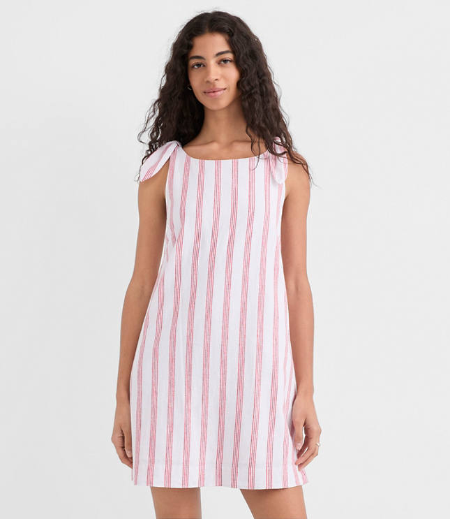 Petite Striped Linen Cotton Tie Boatneck Mini Dress