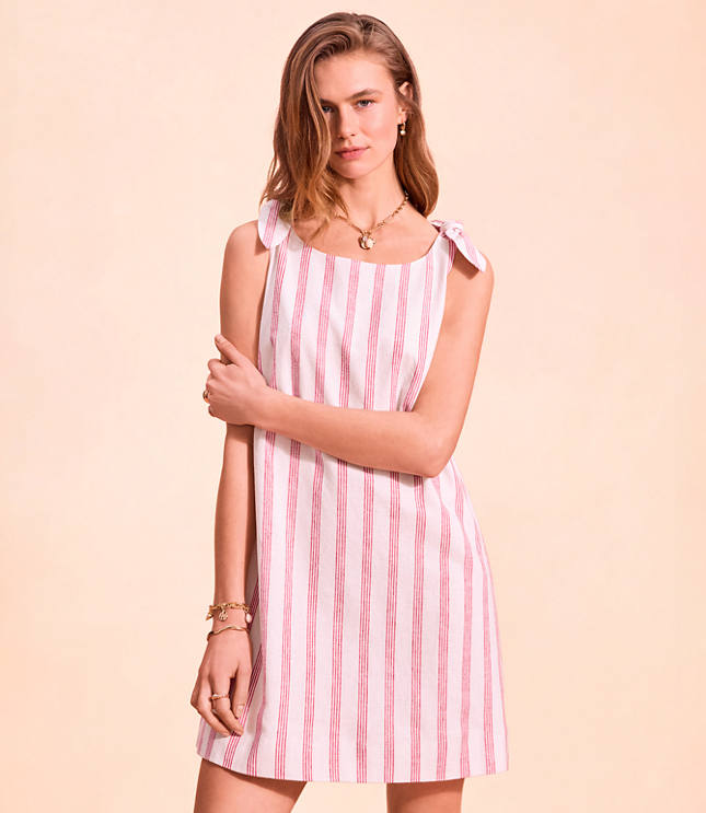 Petite Striped Linen Cotton Tie Boatneck Mini Dress