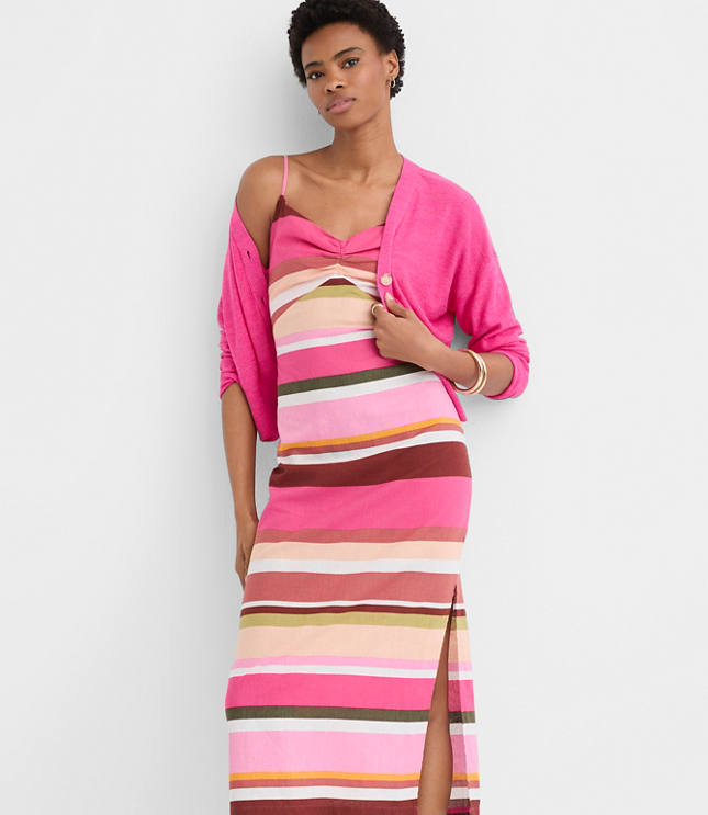 Petite Striped Linen Cotton Strappy Midi Dress
