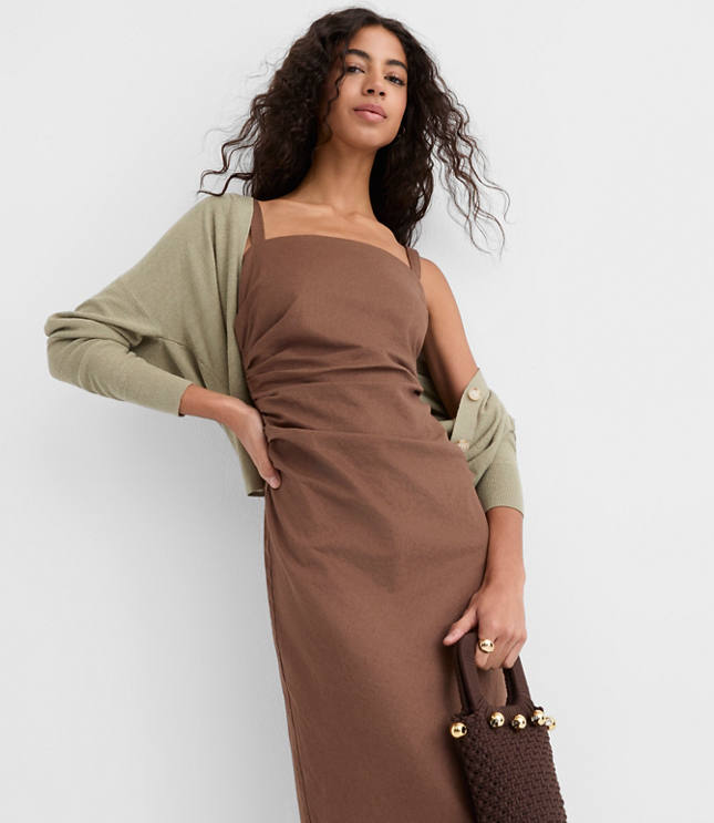 Petite Linen Cotton Ruched Strappy Midi Dress