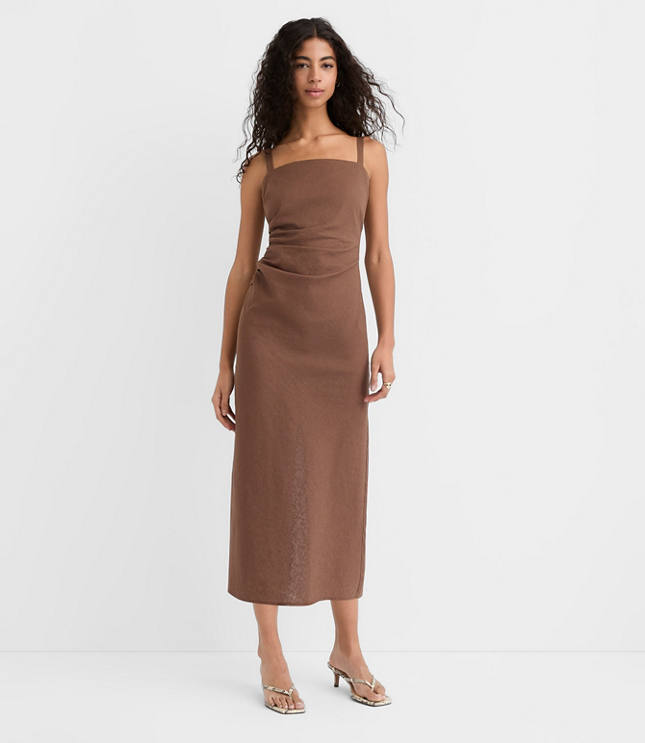 Petite Linen Cotton Ruched Strappy Midi Dress