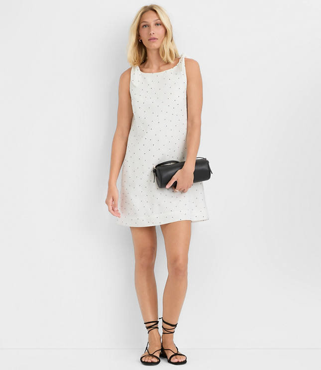 Petite Dotted Linen Cotton Tie Boatneck Mini Dress
