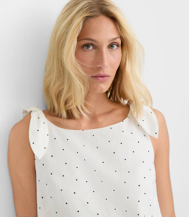 Petite Dotted Linen Cotton Tie Boatneck Mini Dress