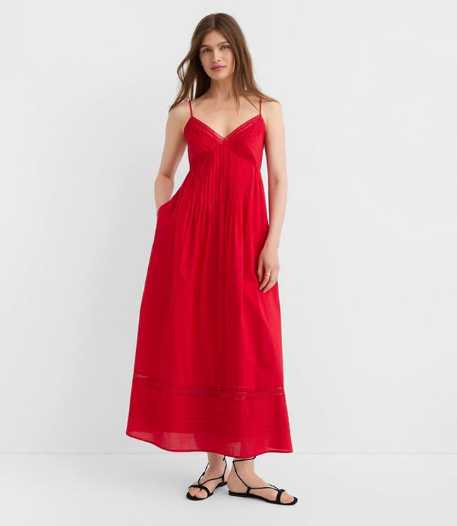 Petite Strappy Lace Trim Pintucked Midi Pocket Dress