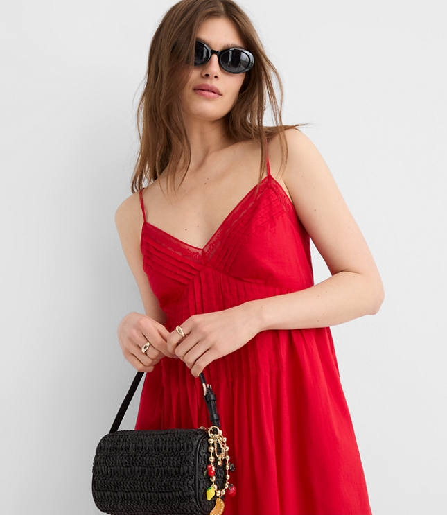 Petite Strappy Lace Trim Pintucked Midi Pocket Dress