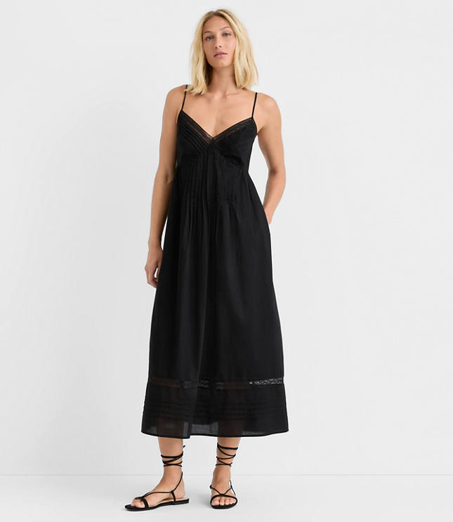 Petite Strappy Lace Trim Pintucked Midi Pocket Dress