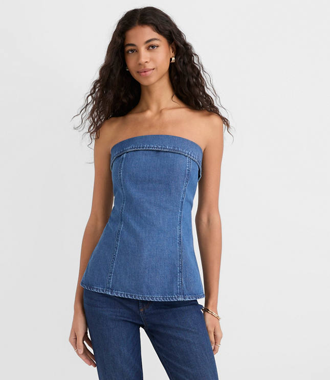 Petite Denim Foldover Strapless Top in Classic Mid Wash
