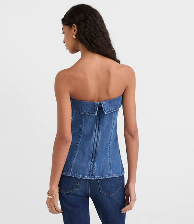 Petite Denim Foldover Strapless Top in Classic Mid Wash