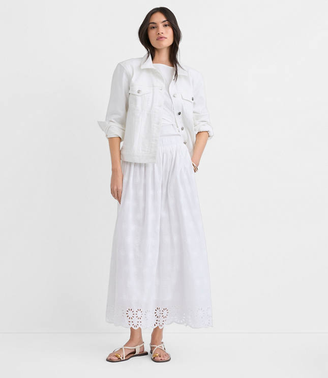 Petite Scalloped Eyelet Pull On Midi Pocket Skirt