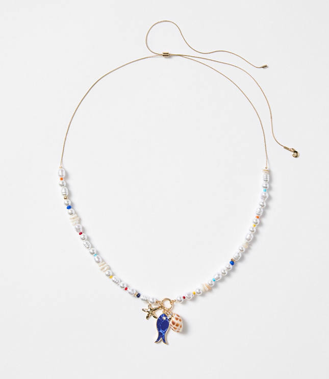 Pearlized Fish & Seashell Pull Tie Necklace carousel Product Image 1