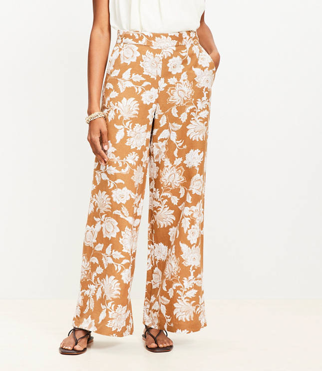 Tall Floral Pull On Wide Leg Pants in Linen Blend