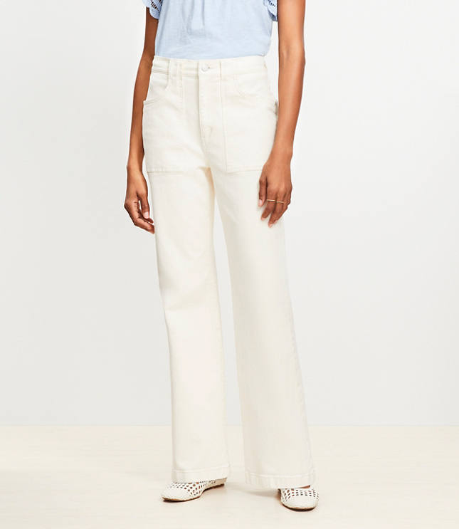 Petite High Rise Relaxed Flare Utility Jeans in Ivory