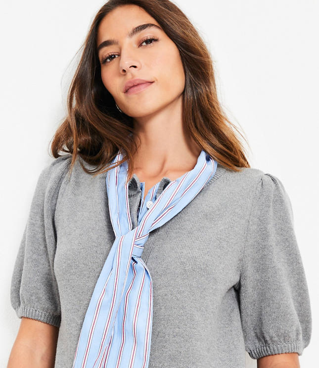 Striped Mixed Media Puff Sleeve Cardigan
