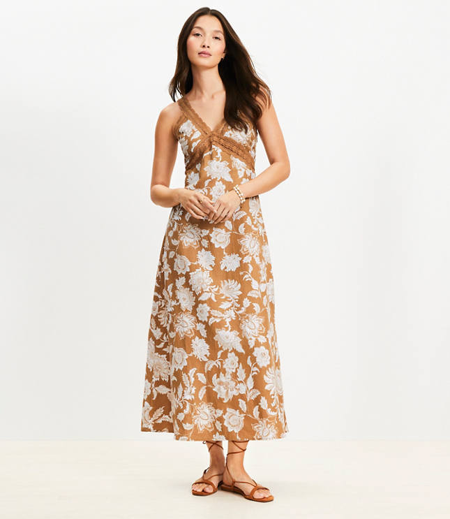 Floral Lace Trim Linen Blend Midi Dress