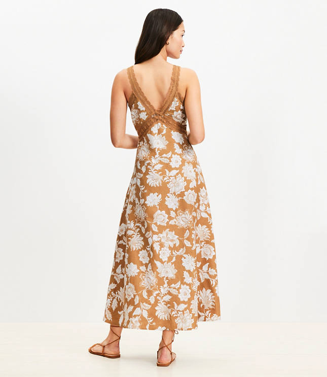 Floral Lace Trim Linen Blend Midi Dress