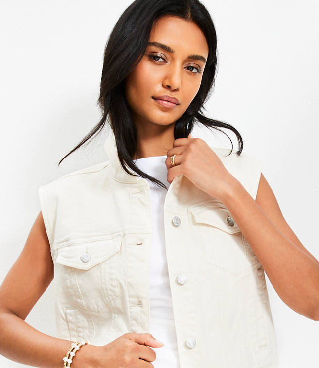 Loft Petite Denim Trucker Vest in Ivory
