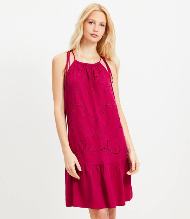 Eyelet Linen Blend Mini Halter Dress