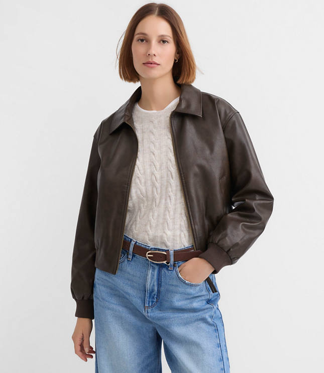 Distressed Faux Leather Bomber Jacket