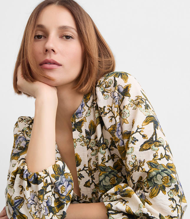 Floral Blouson Sleeve Split Neck Blouse