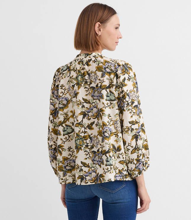 Floral Blouson Sleeve Split Neck Blouse