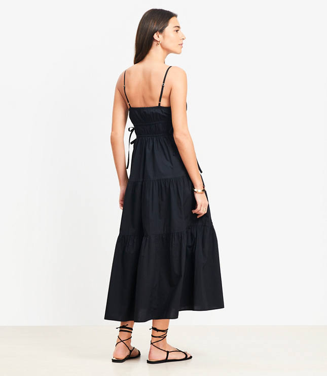 Pleated Side Tie Strappy Midi Pocket Dress