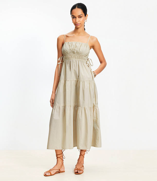Pleated Side Tie Strappy Midi Pocket Dress