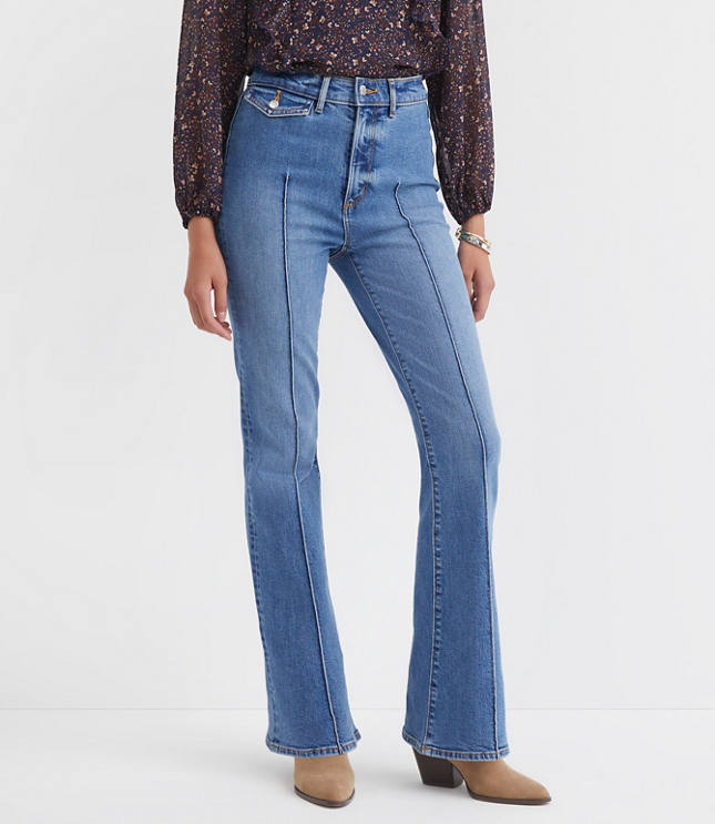 Pintucked High Rise Slim Flare Jeans in Medium Stone Wash