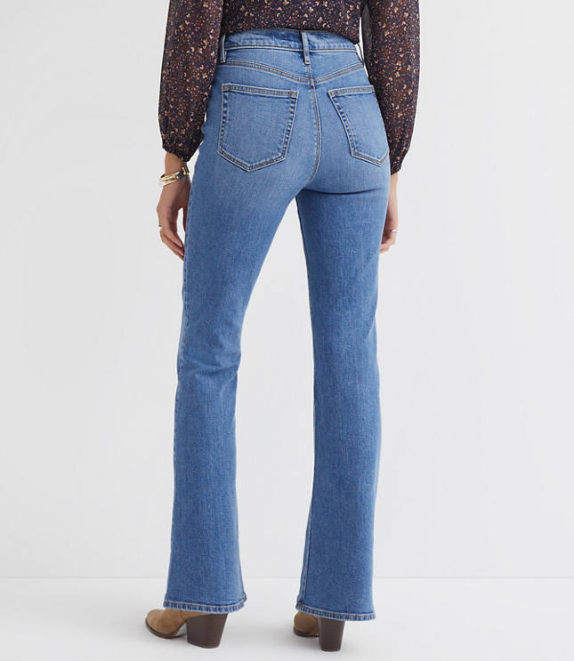 Pintucked High Rise Slim Flare Jeans in Medium Stone Wash