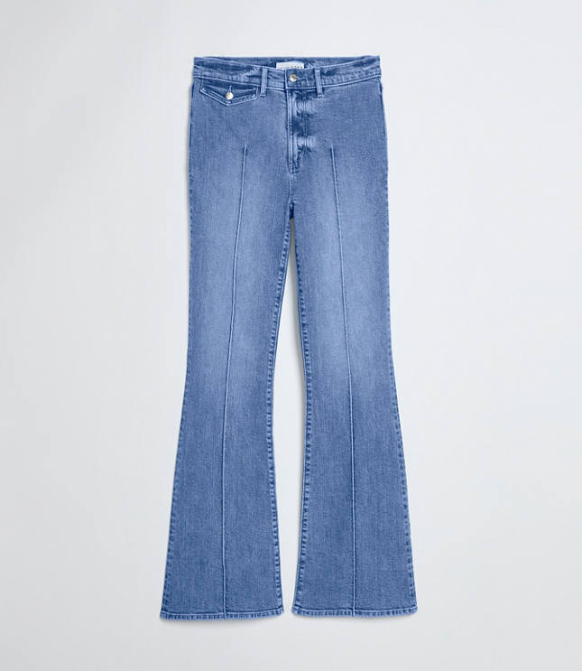Pintucked High Rise Slim Flare Jeans in Medium Stone Wash