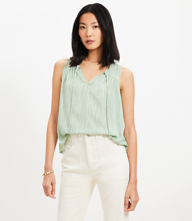 Striped Cutout Tie Neck Mixed Media Shell