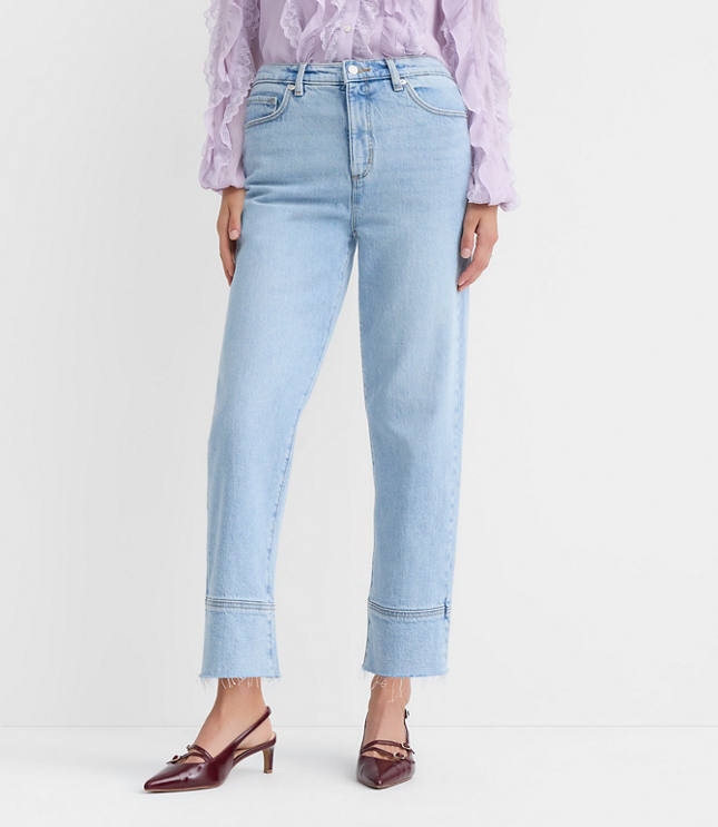 Petite Curvy Fresh Cut Cuffed High Rise Straight Jeans in Light Wash Indigo