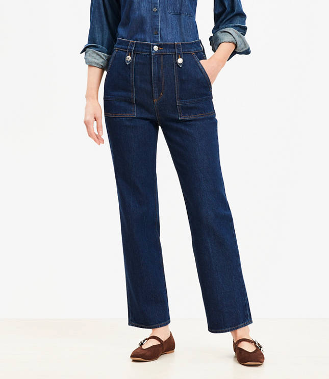 High Rise Straight Utility Jeans Mid Indigo Wash