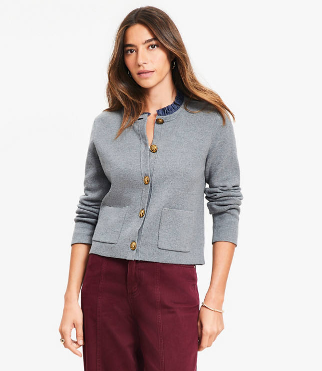 Ruffle Collar Mixed Media Sweater Jacket