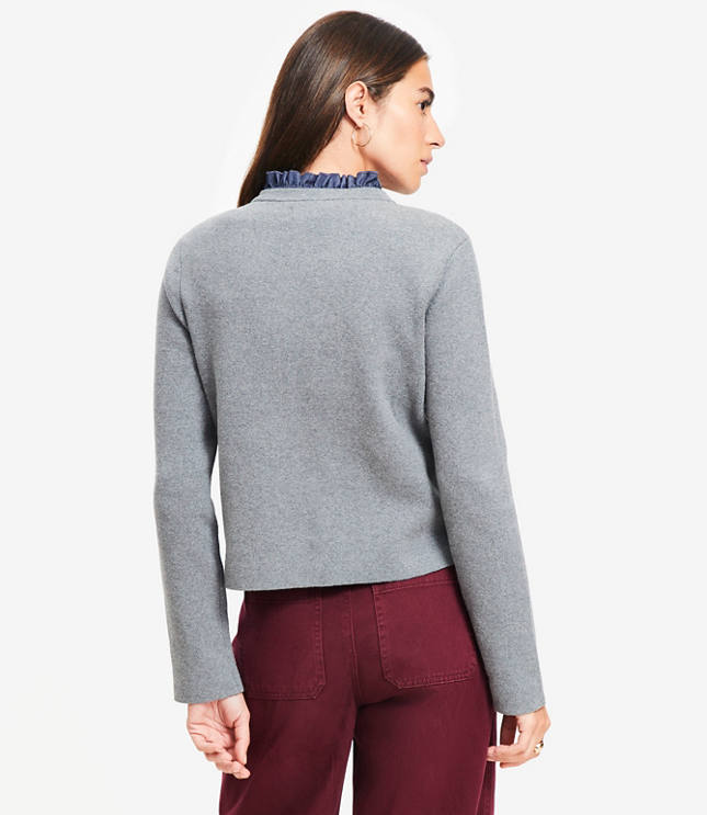 Ruffle Collar Mixed Media Sweater Jacket