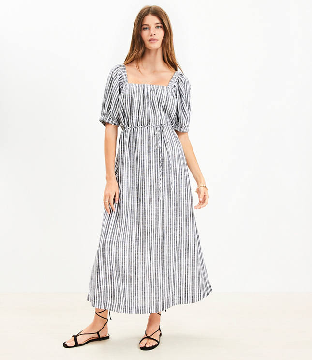 Petite Striped Smocked Square Neck Midi Dress