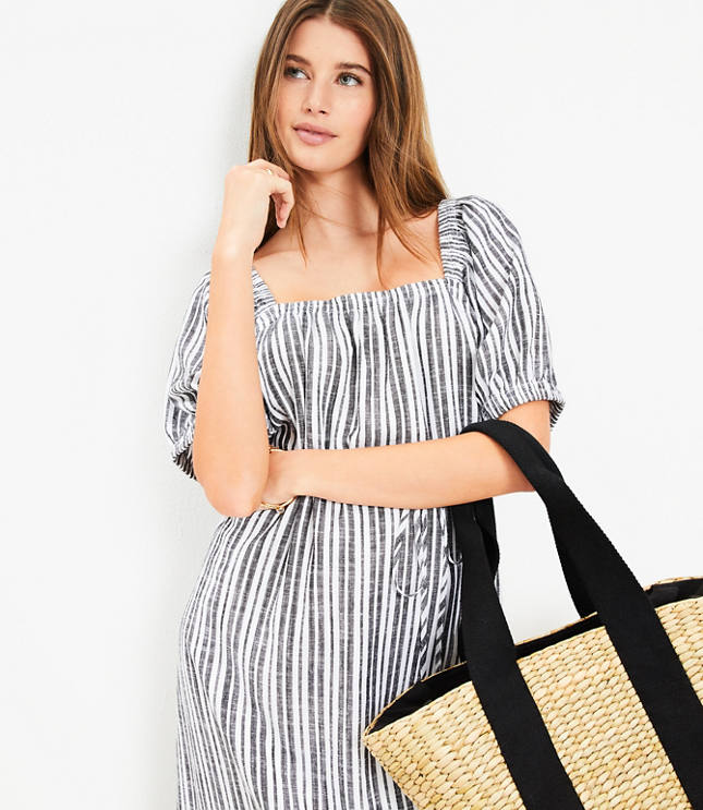 Petite Striped Smocked Square Neck Midi Dress