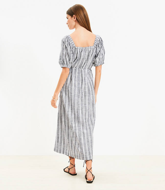 Petite Striped Smocked Square Neck Midi Dress