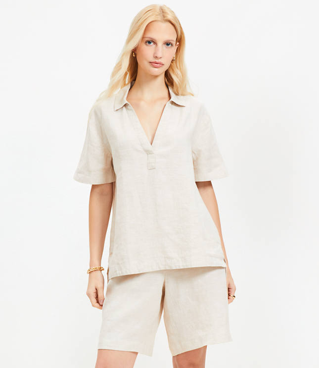 Linen Collared V-Neck Top