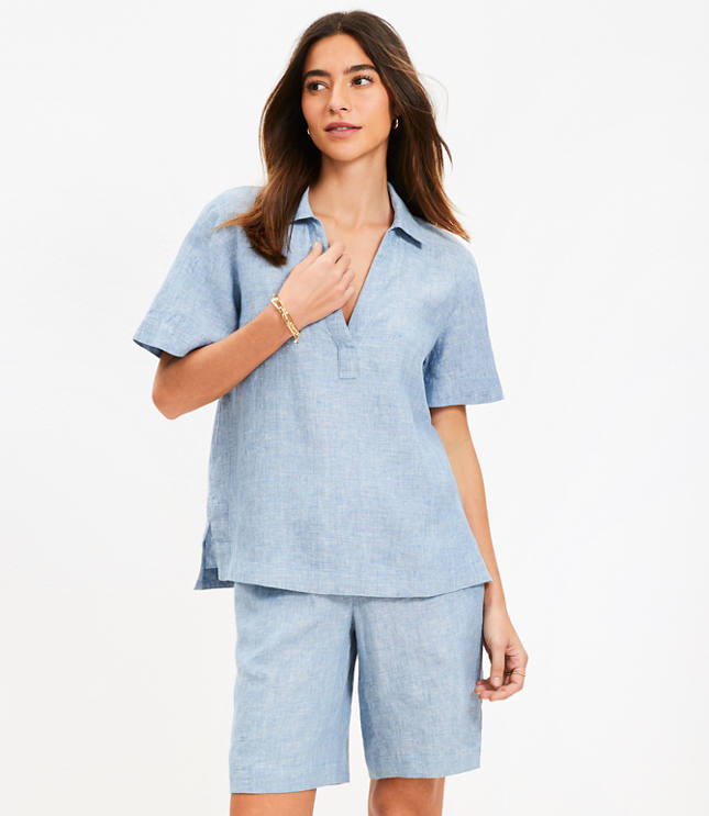 Linen Collared V-Neck Top