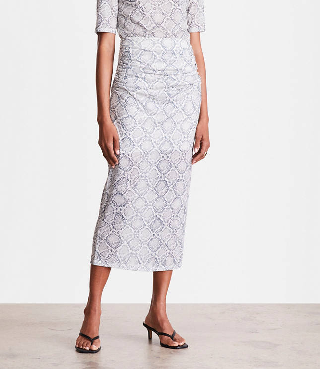 Petite LOFT Versa Snake Print Mesh Ruched Midi Skirt