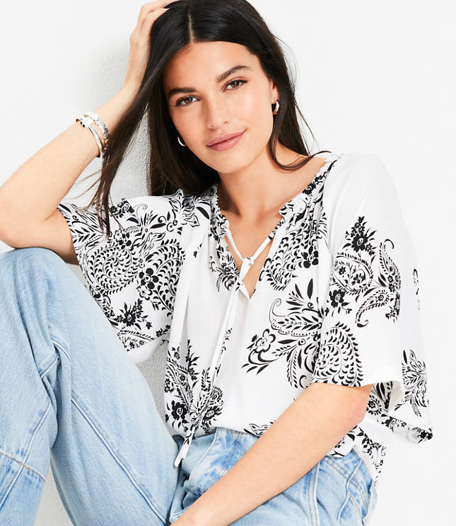 Petite Garden Tie Neck Mixed Media Blouse