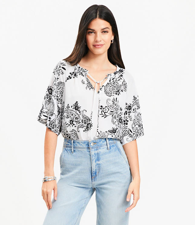 Petite Garden Tie Neck Mixed Media Blouse