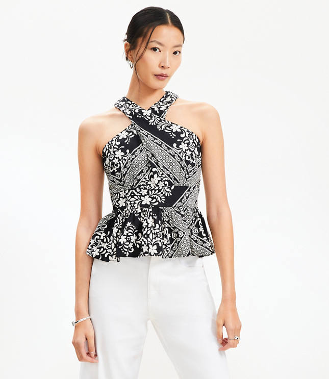 Petite Tiled Crossover Peplum Halter Top