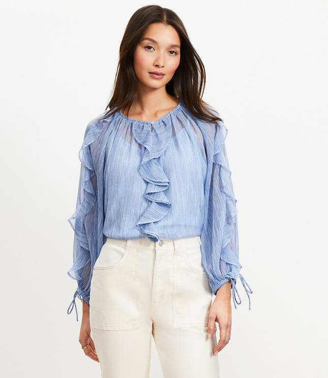 Striped Chiffon Ruffle Tie Cuff Blouse