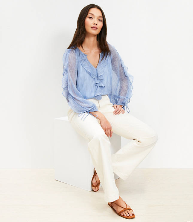 Striped Chiffon Ruffle Tie Cuff Blouse