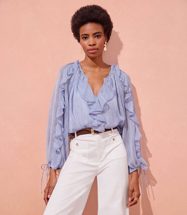 Striped Chiffon Ruffle Tie Cuff Blouse