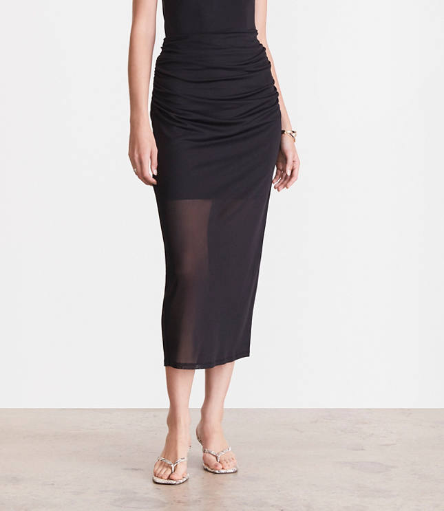 Petite LOFT Versa Mesh Ruched Midi Skirt