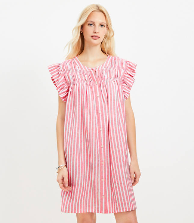 Striped Linen Blend Flutter Shirtdress