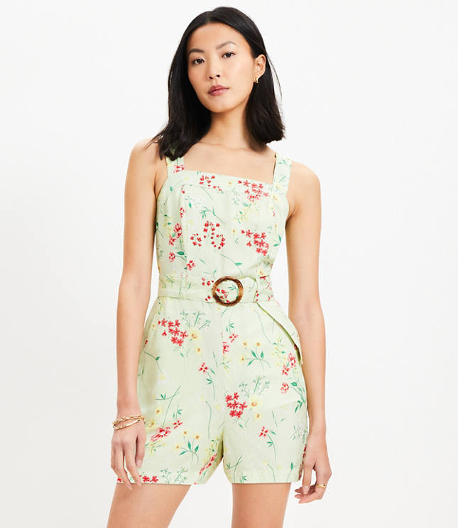 Floral Belted Linen Blend Strappy Romper