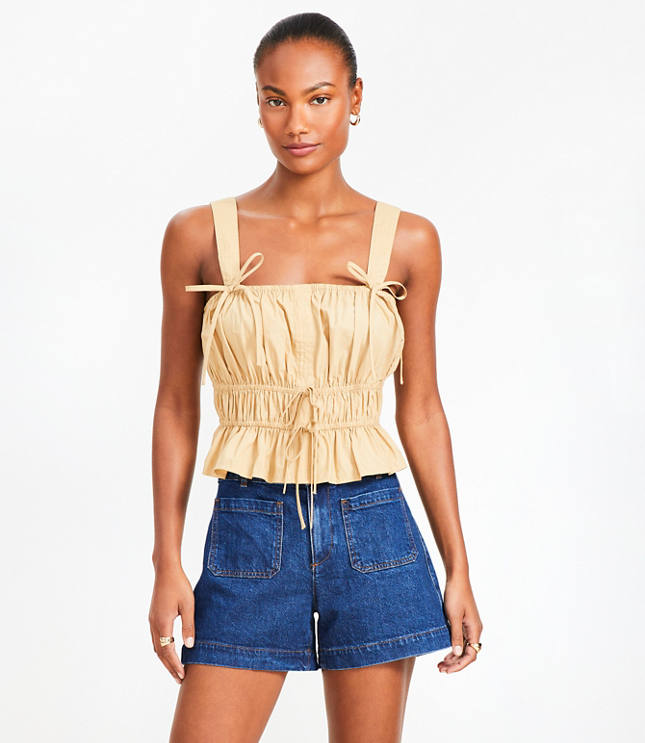 Petite Poplin Ruched Tie Peplum Tank Top